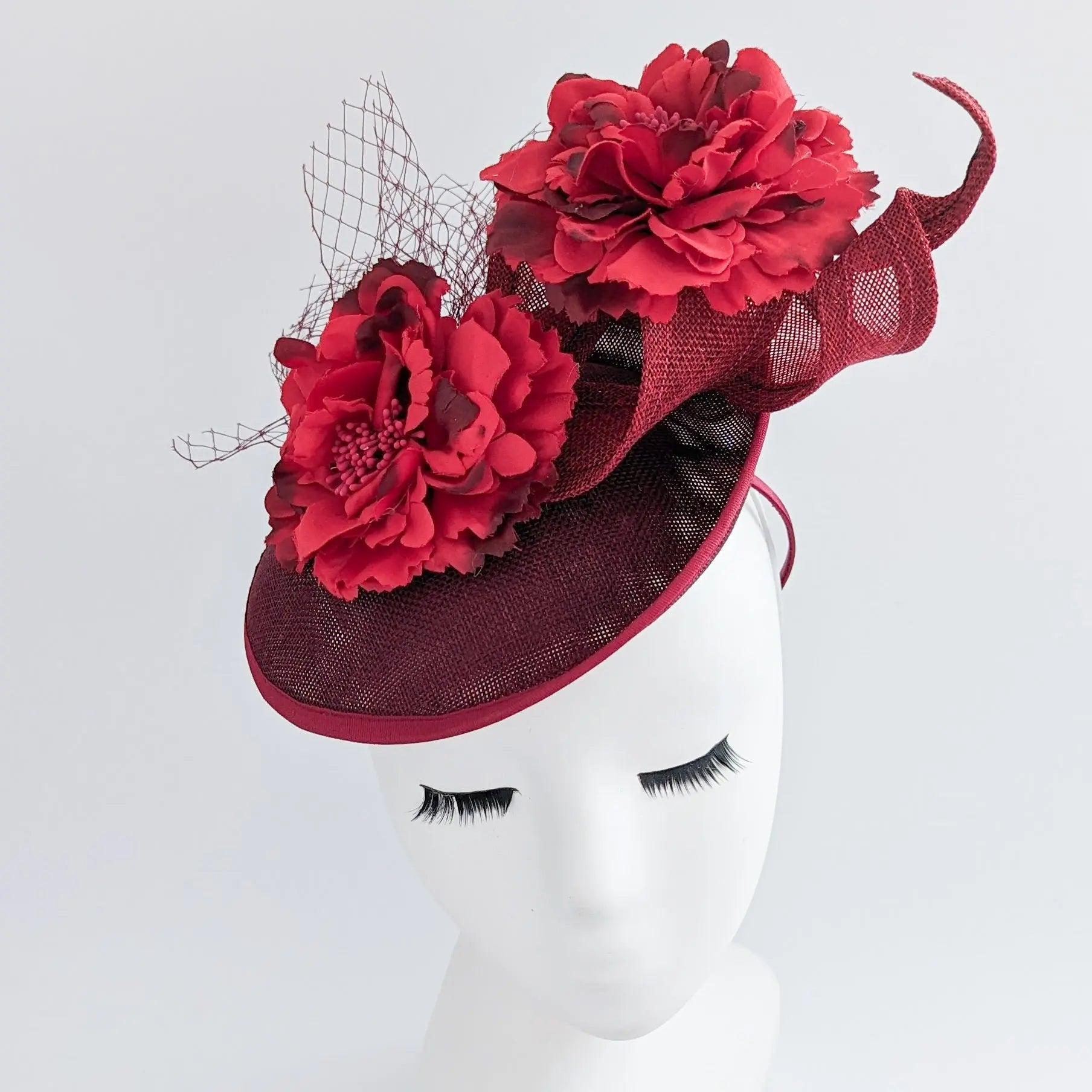 Burgundy flower fascinator disc saucer hat - House of Hats