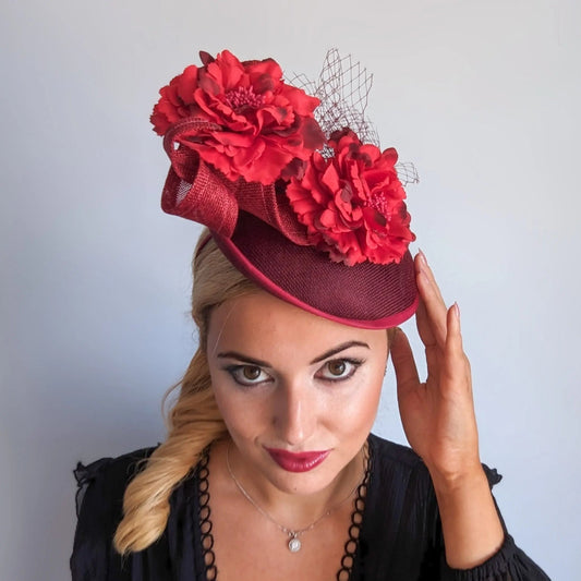 Burgundy flower fascinator disc saucer hat - House of Hats