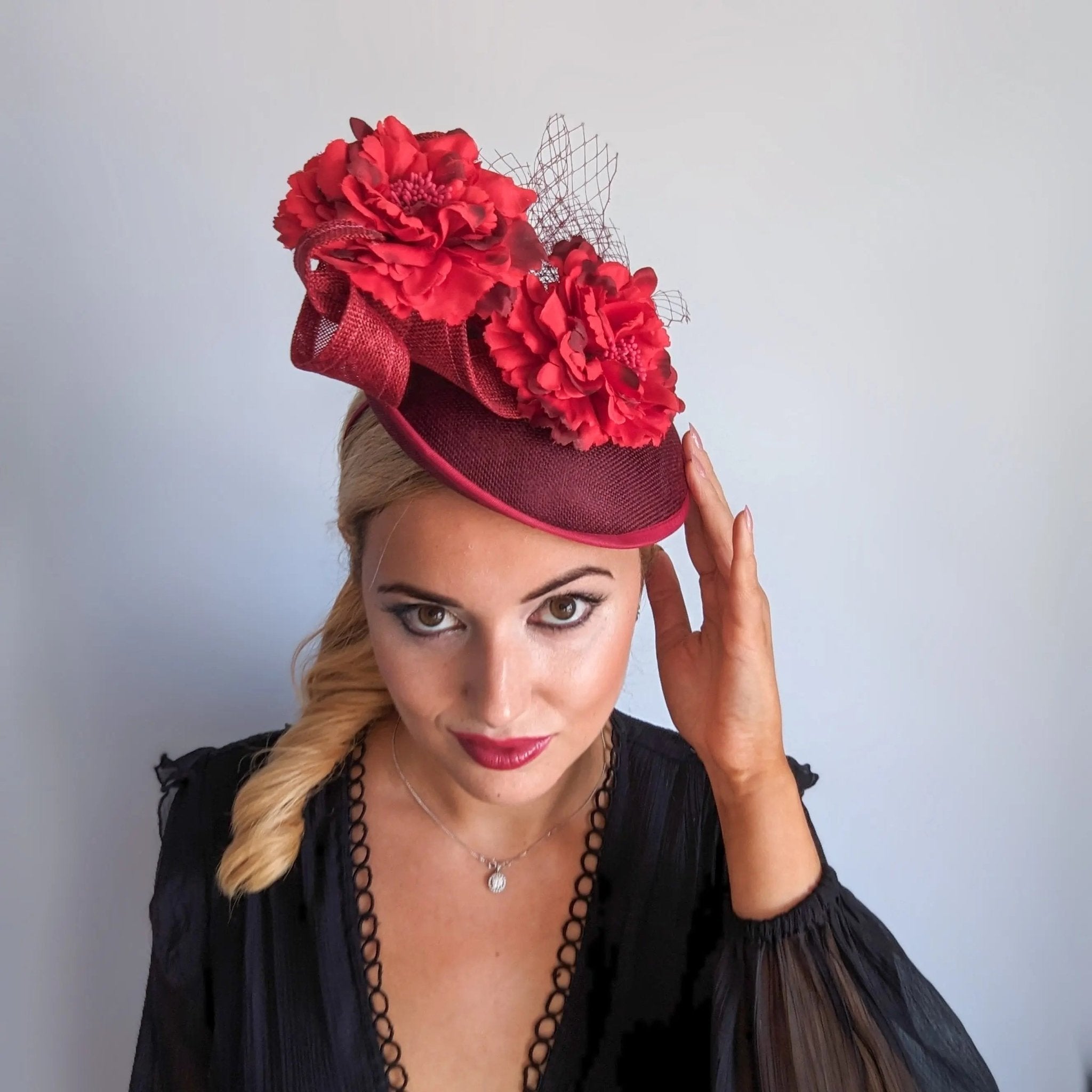 Burgundy flower fascinator disc saucer hat - House of Hats