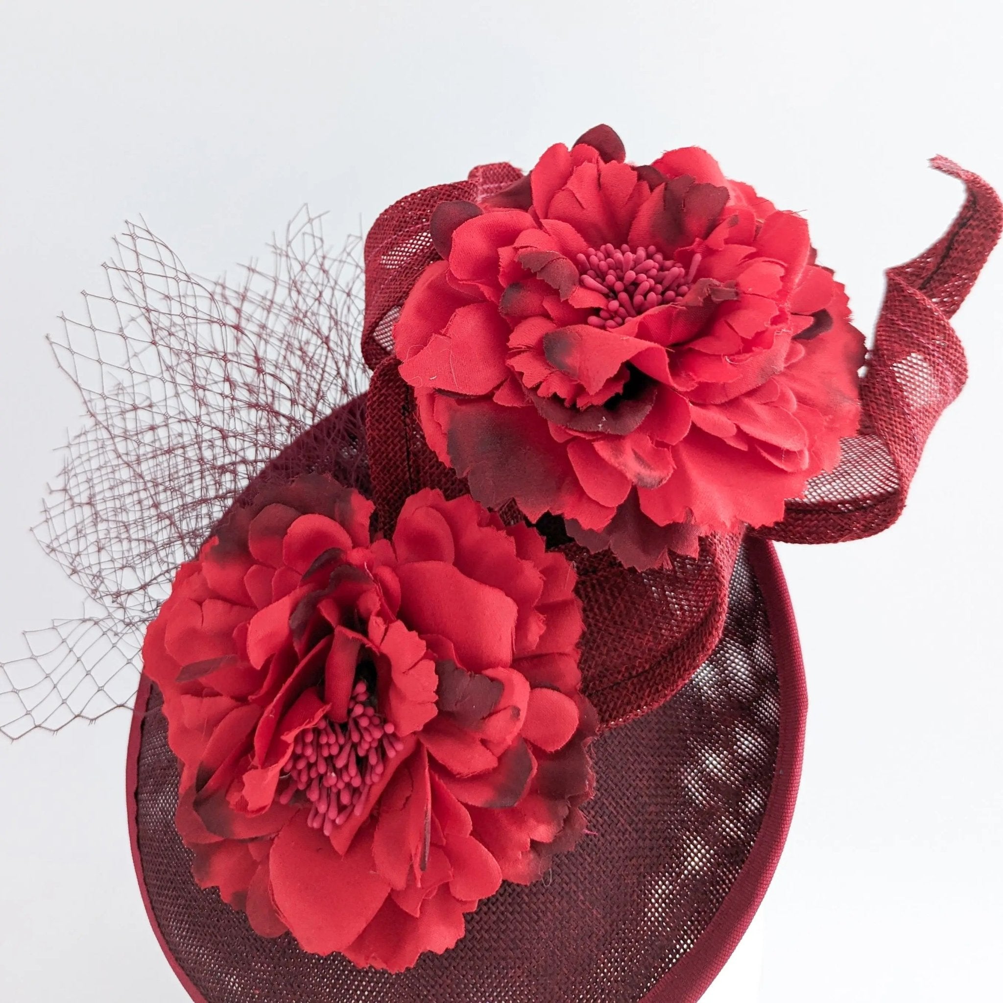 Burgundy flower fascinator disc saucer hat - House of Hats