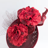 Burgundy flower fascinator disc saucer hat - House of Hats
