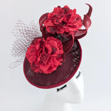 Burgundy flower fascinator disc saucer hat - House of Hats