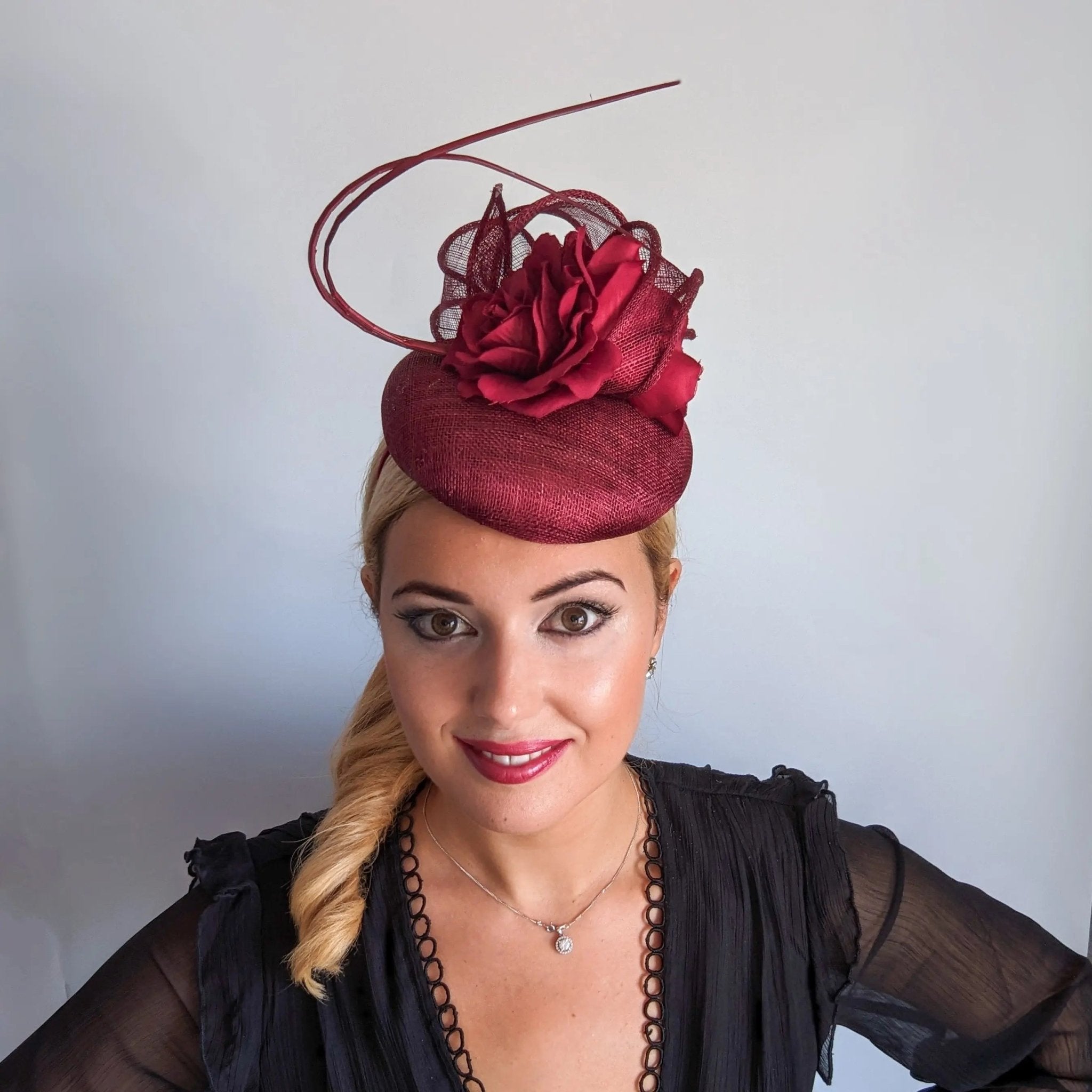Burgundy flower fascinator hat - House of Hats
