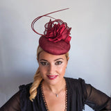 Burgundy flower fascinator hat - House of Hats