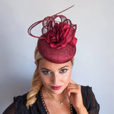 Burgundy flower fascinator hat - House of Hats