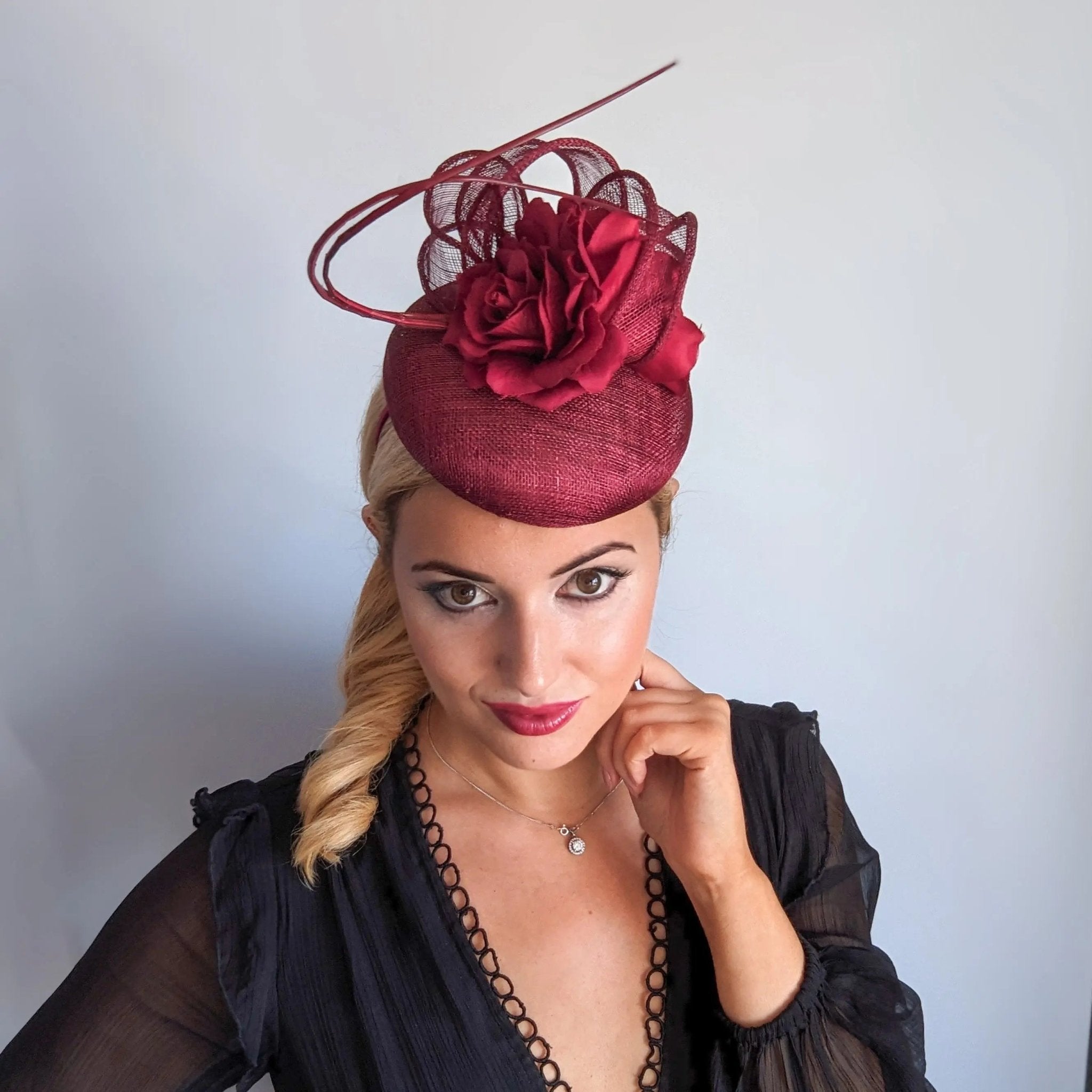 Burgundy flower fascinator hat - House of Hats
