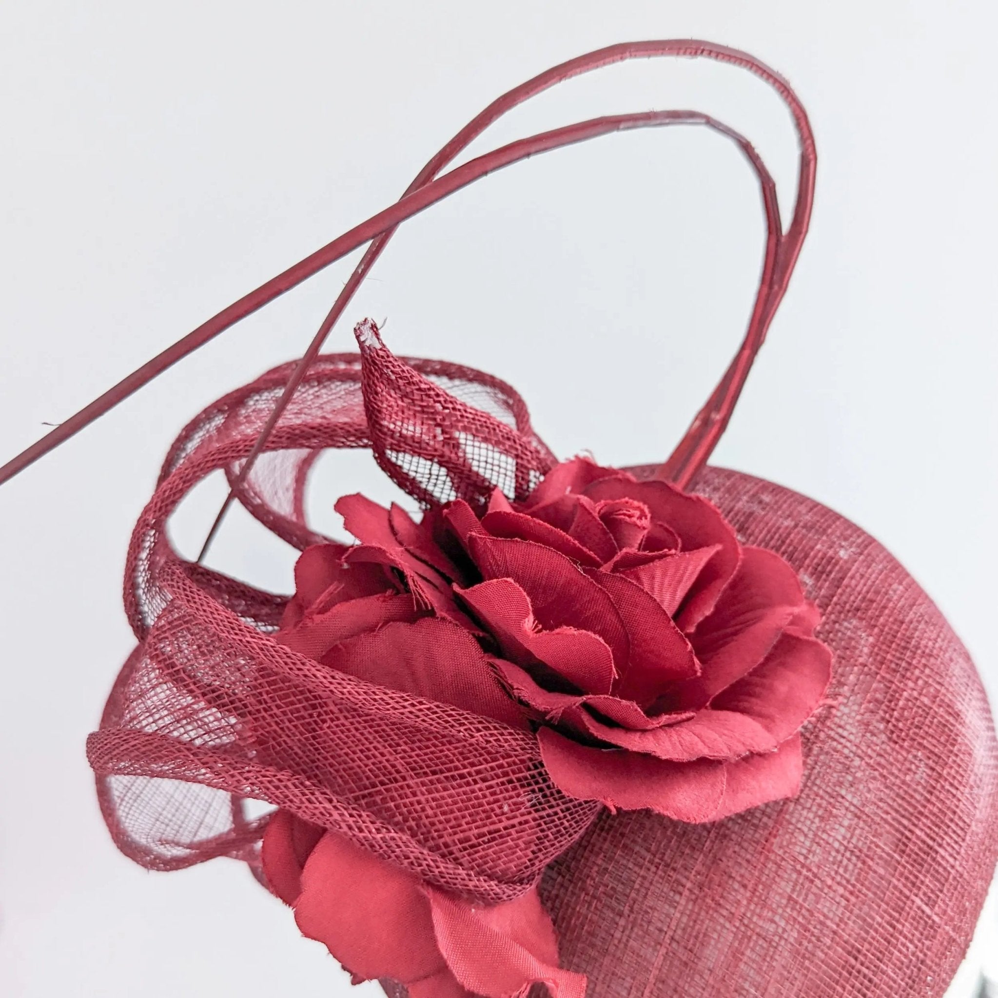 Burgundy flower fascinator hat - House of Hats