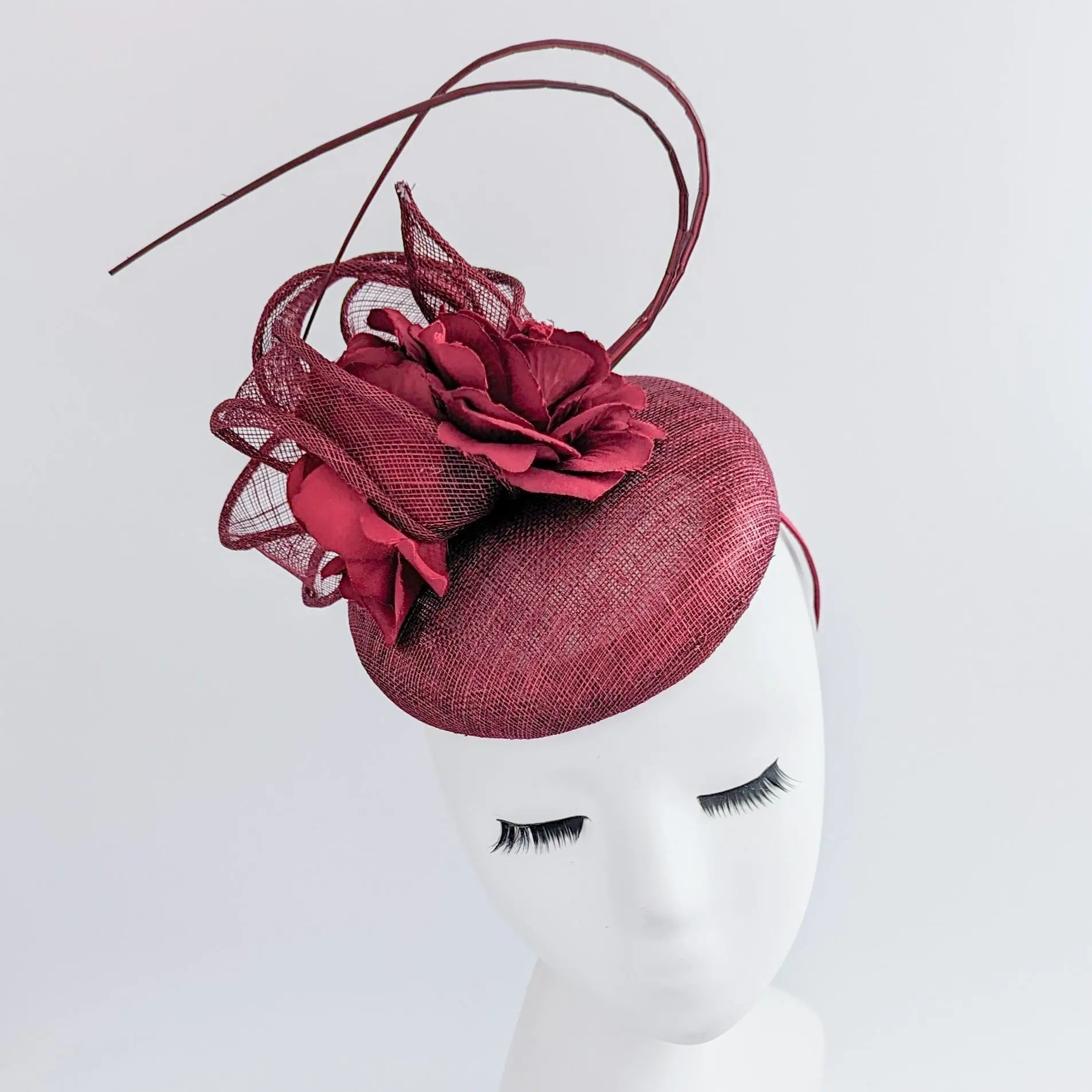 Burgundy flower fascinator hat - House of Hats