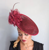 Burgundy large flower saucer disc fascinator hat - House of Hats