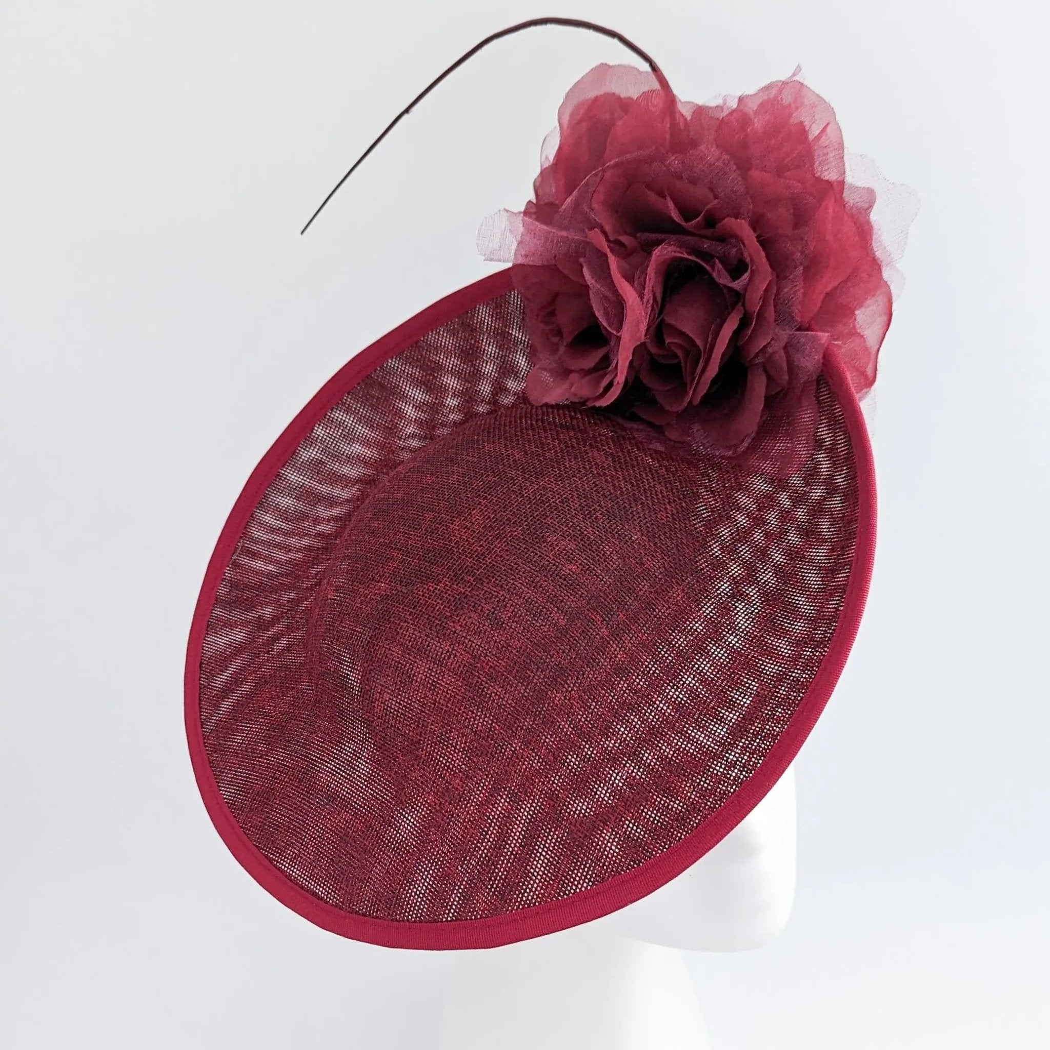 Burgundy large flower saucer disc fascinator hat - House of Hats