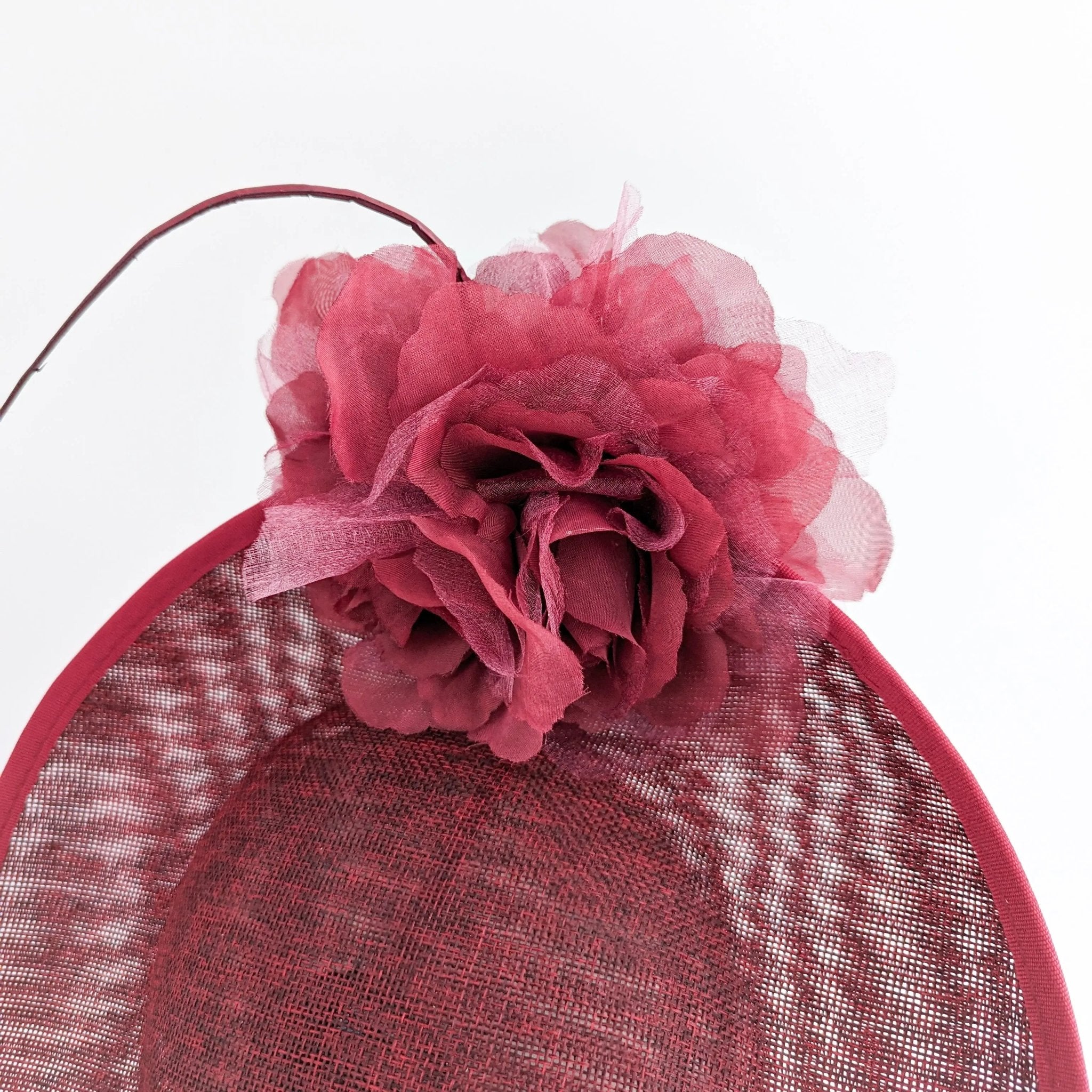 Burgundy large flower saucer disc fascinator hat - House of Hats