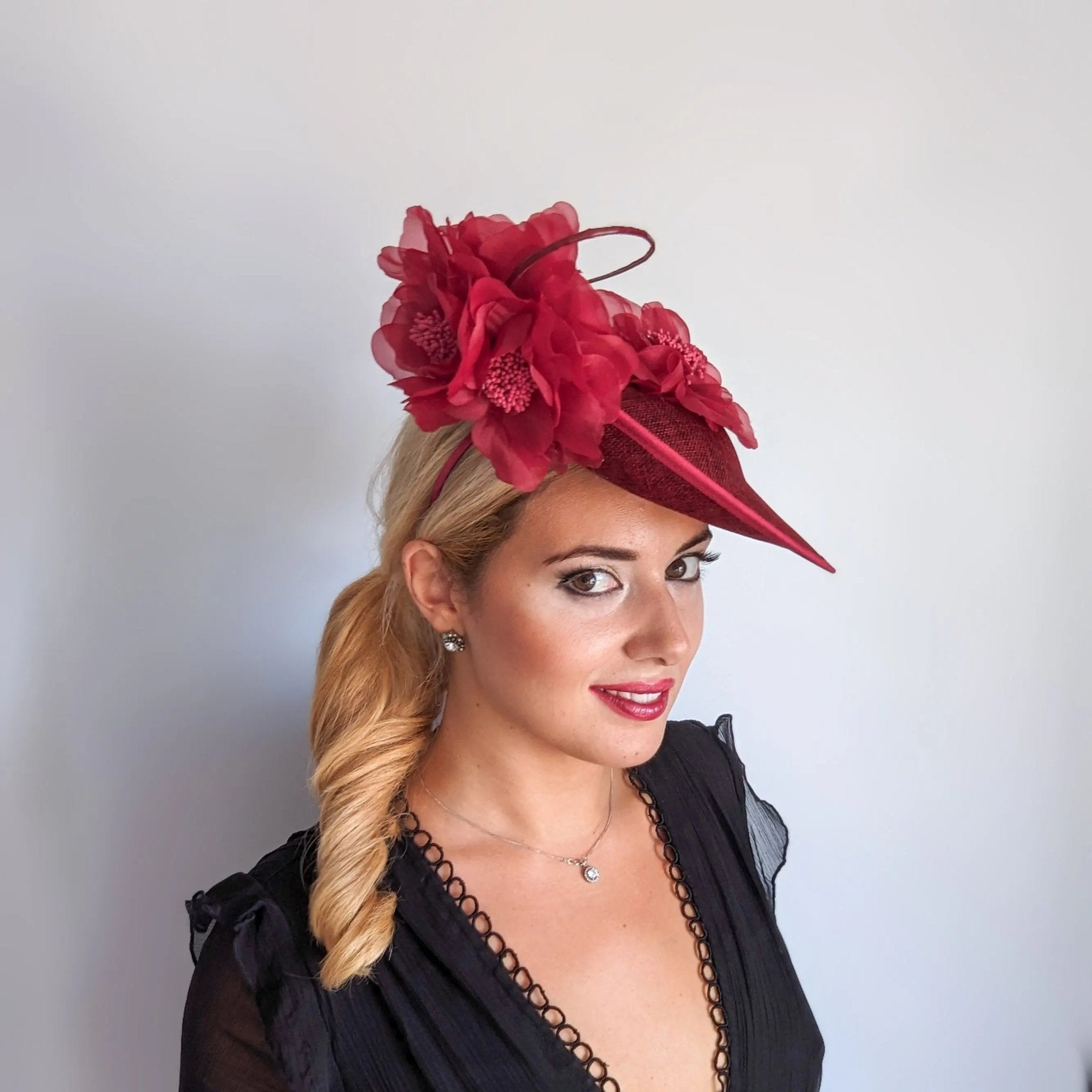 Burgundy large flower saucer disc fascinator hat - House of Hats