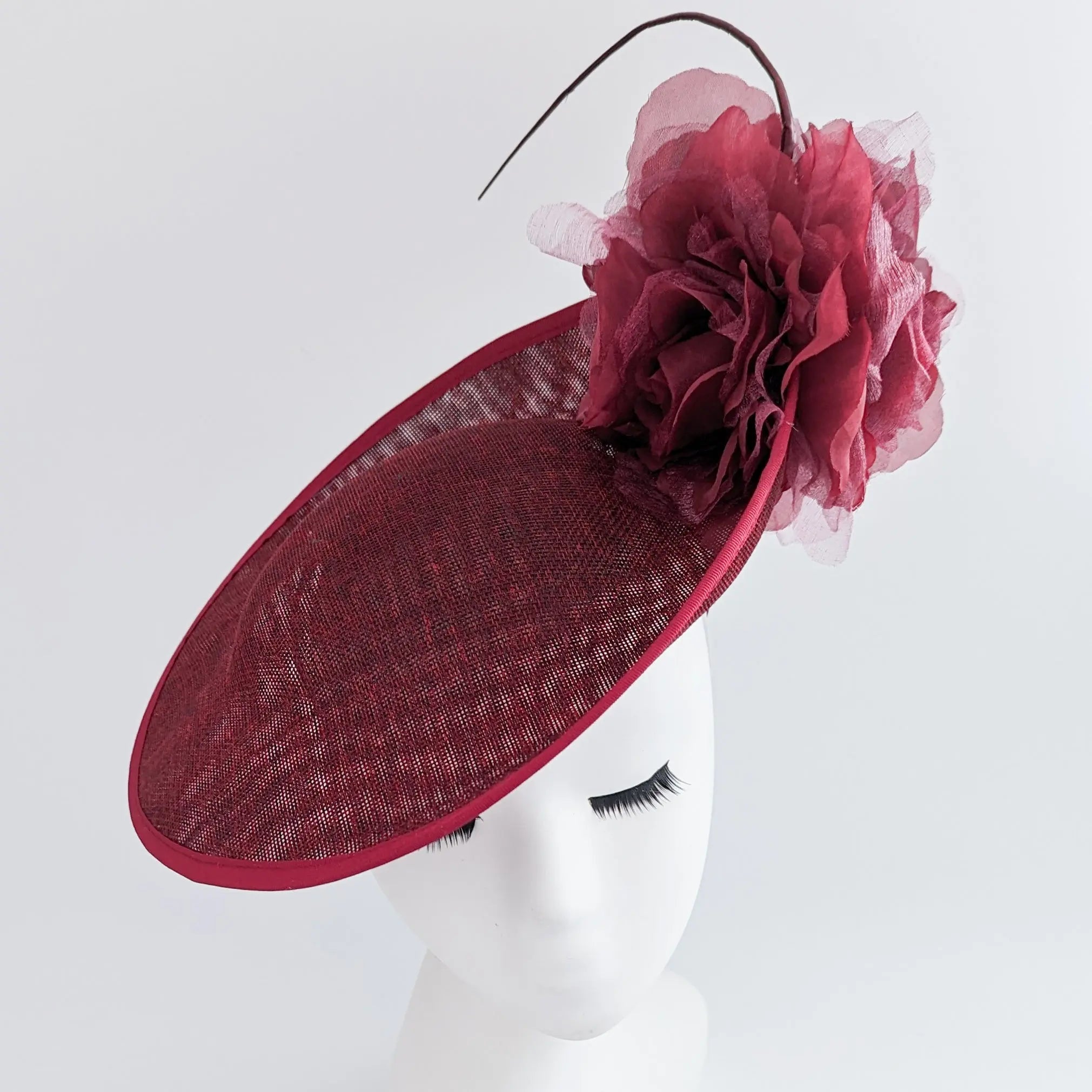 Burgundy large flower saucer disc fascinator hat - House of Hats