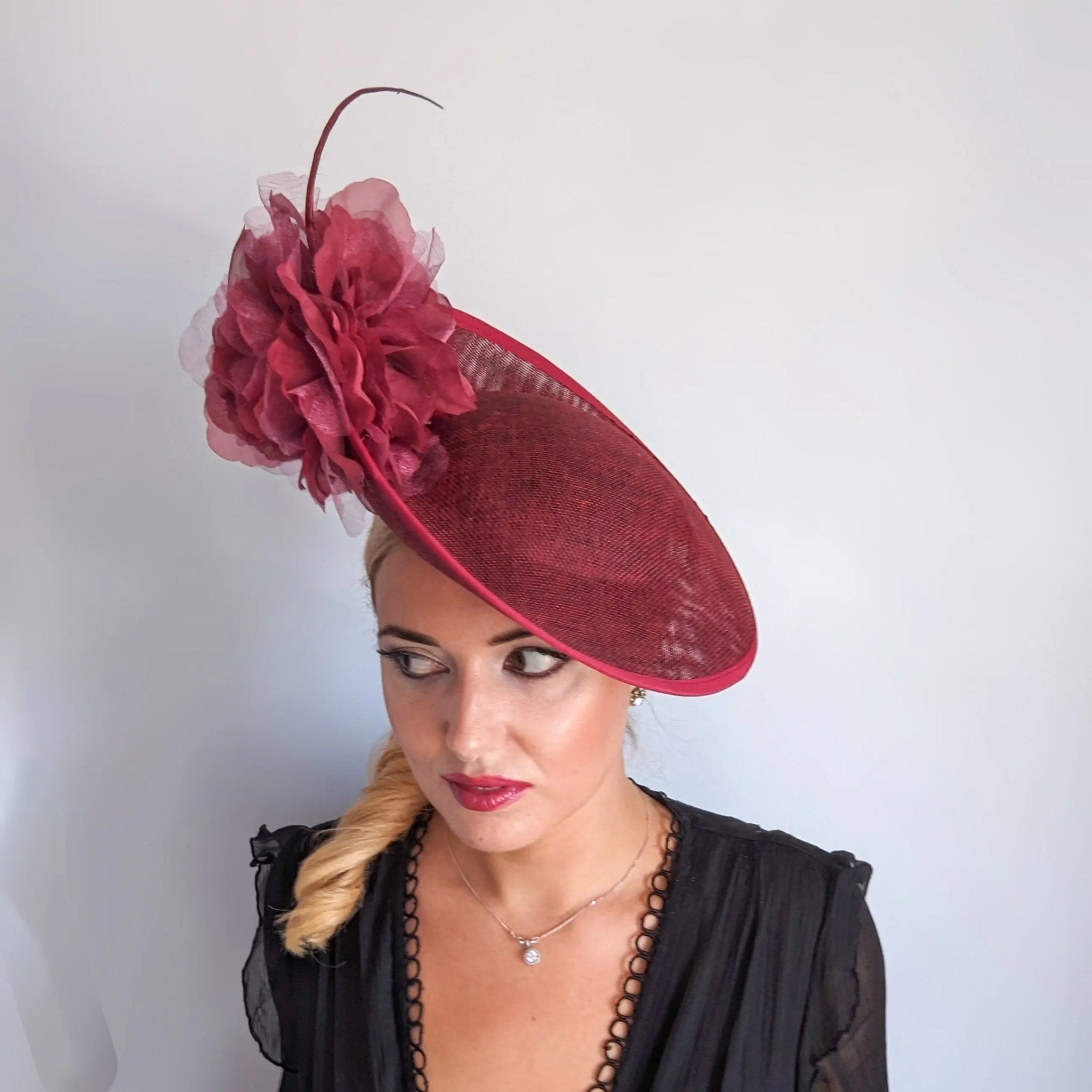 Burgundy large flower saucer disc fascinator hat - House of Hats