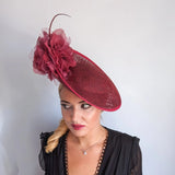 Burgundy large flower saucer disc fascinator hat - House of Hats