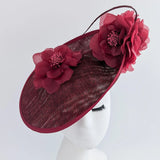 Burgundy large flower saucer disc fascinator hat - House of Hats