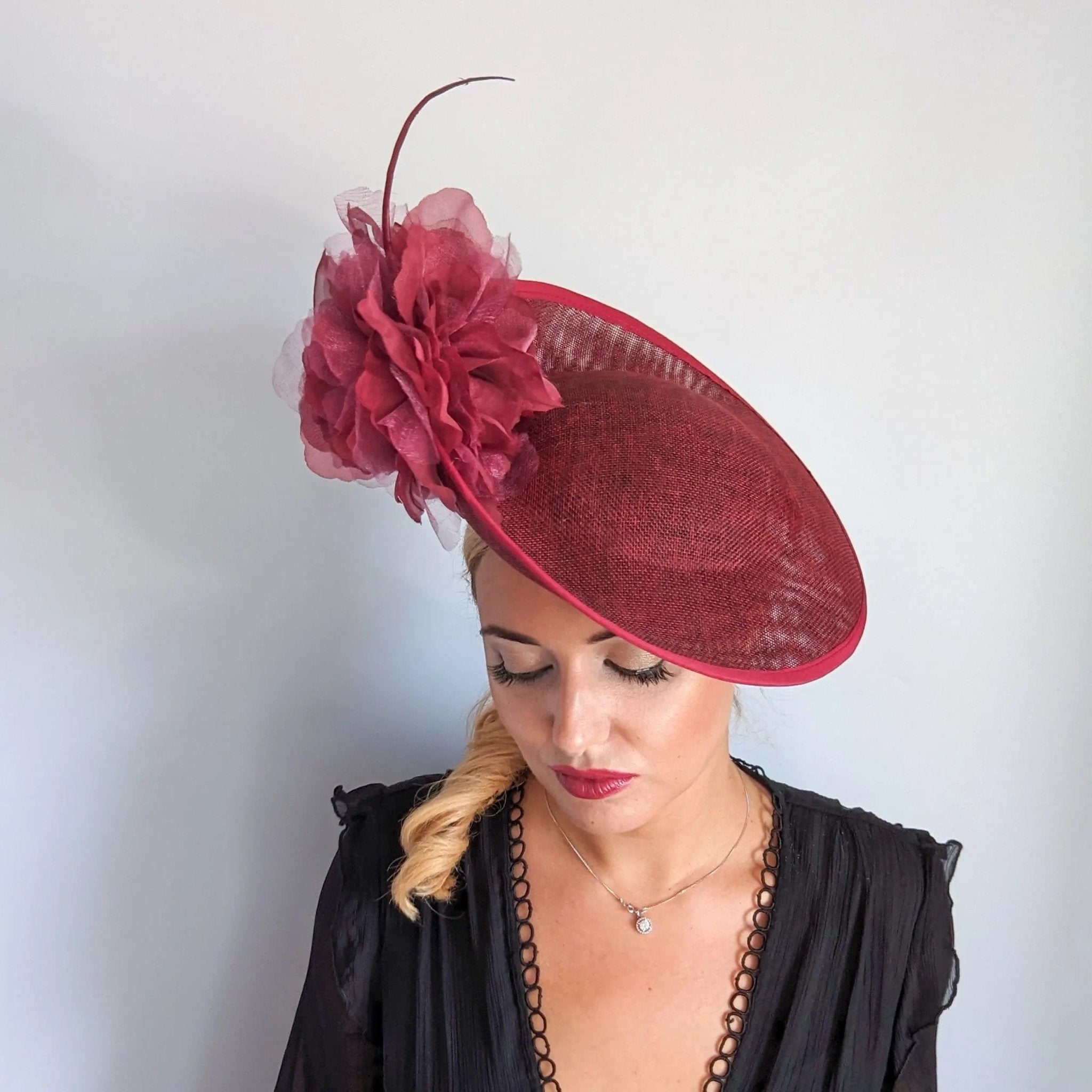 Burgundy large flower saucer disc fascinator hat - House of Hats