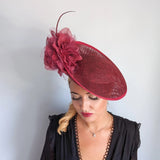 Burgundy large flower saucer disc fascinator hat - House of Hats
