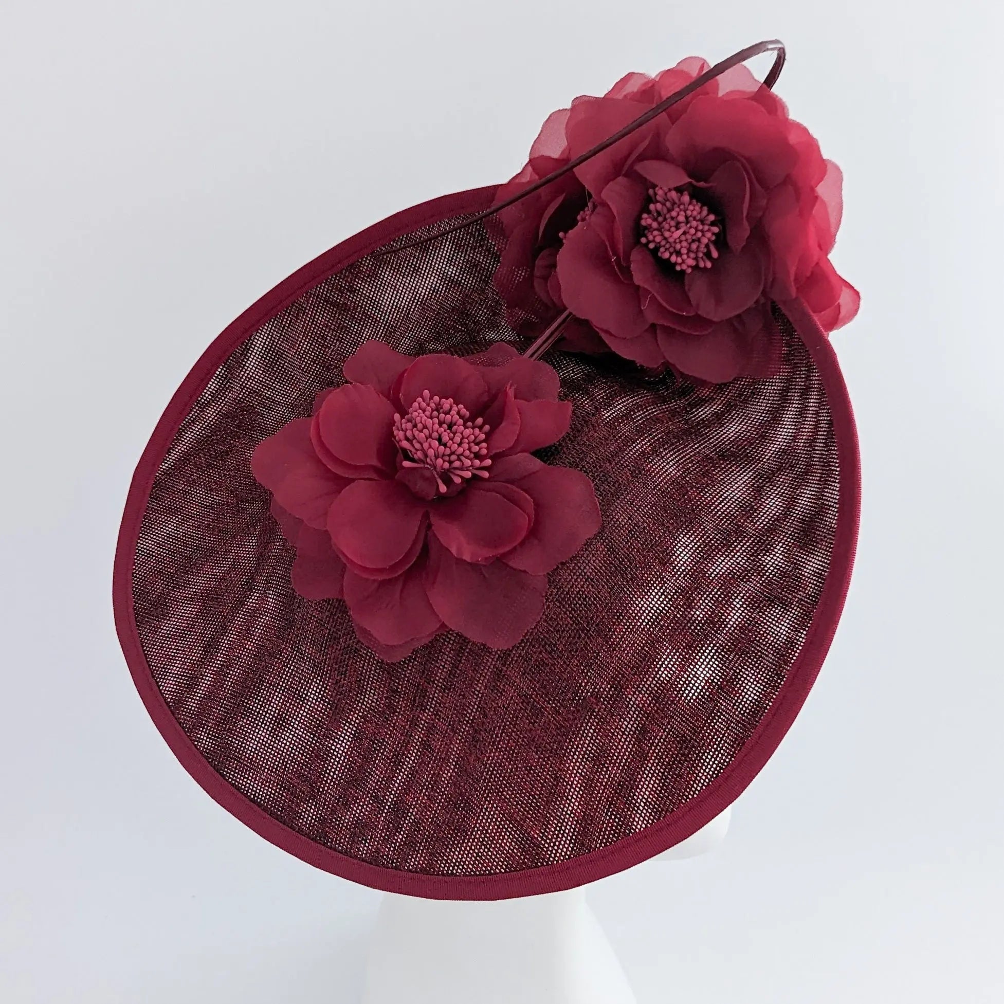 Burgundy large flower saucer disc fascinator hat - House of Hats
