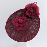 Burgundy large flower saucer disc fascinator hat - House of Hats