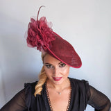 Burgundy large flower saucer disc fascinator hat - House of Hats