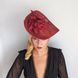 Burgundy large teardrop feather fascinator hat - House of Hats