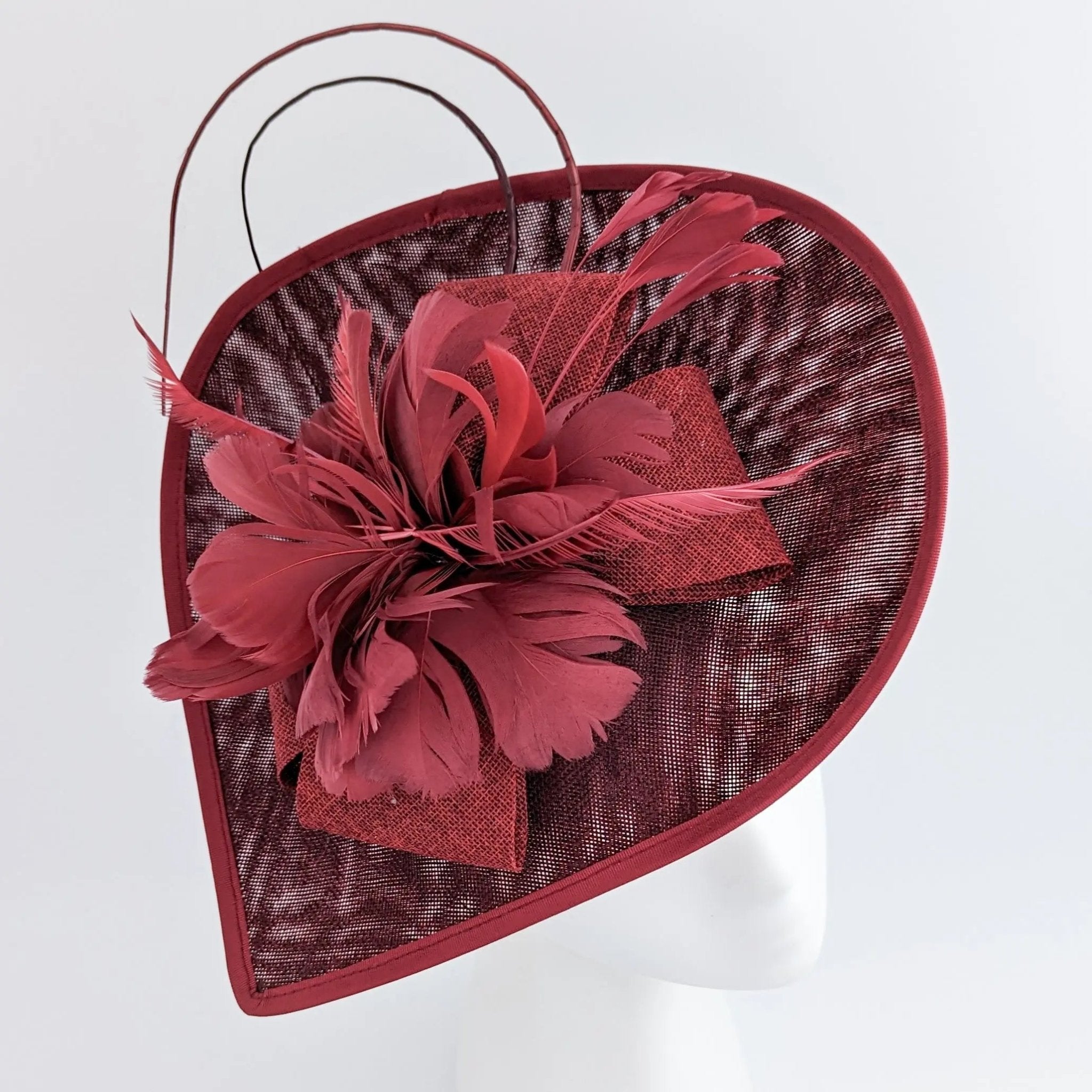 Burgundy large teardrop feather fascinator hat - House of Hats