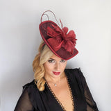 Burgundy large teardrop feather fascinator hat - House of Hats