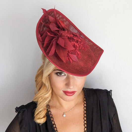 Burgundy large teardrop feather fascinator hat - House of Hats