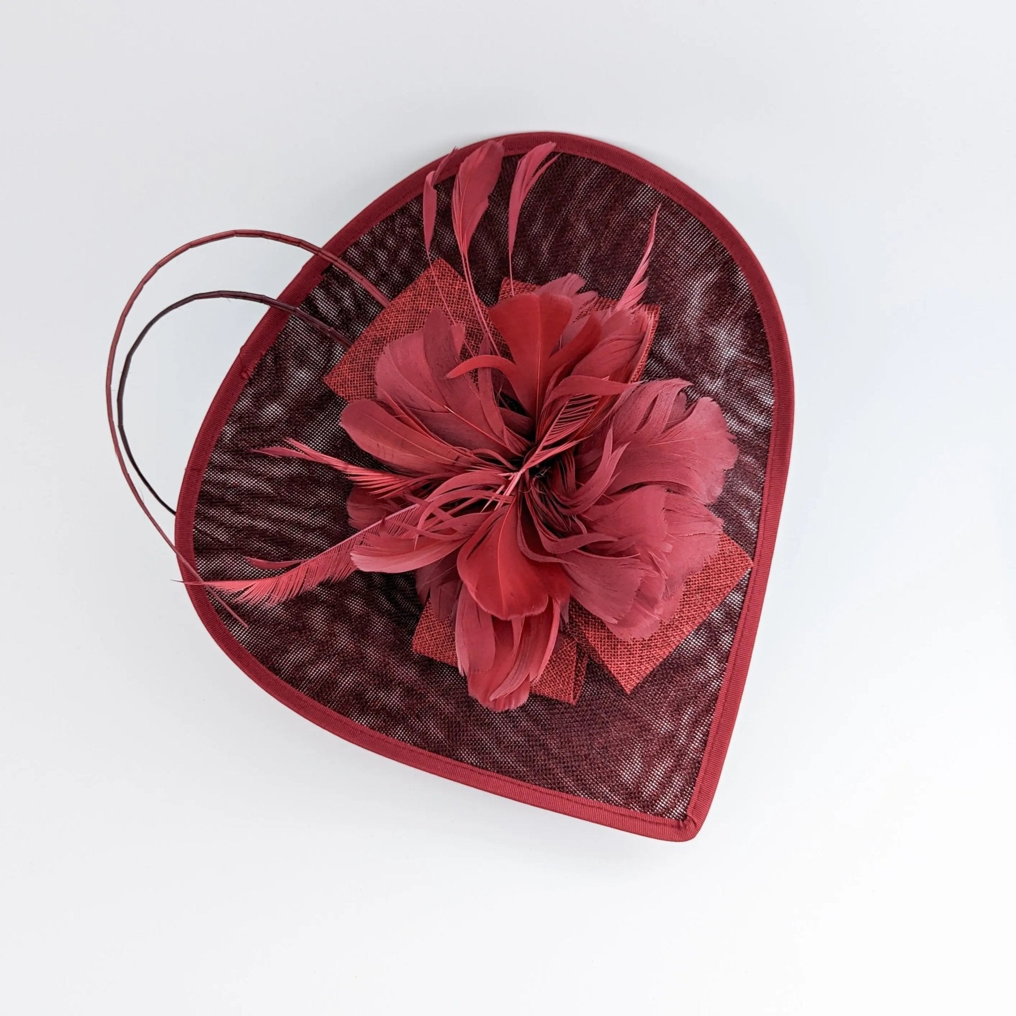 Burgundy large teardrop feather fascinator hat - House of Hats
