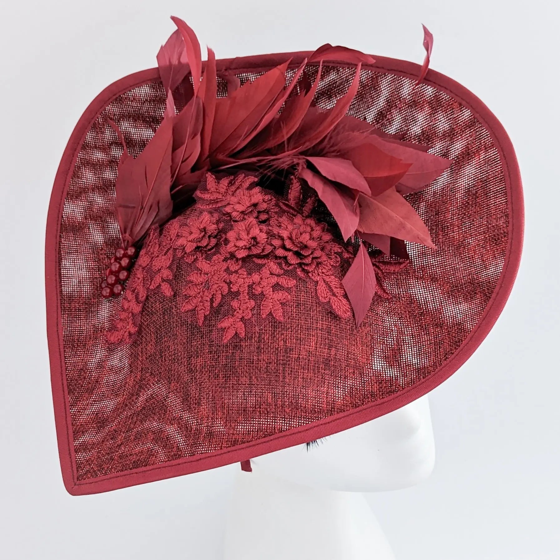Burgundy large teardrop feather fascinator hat - House of Hats