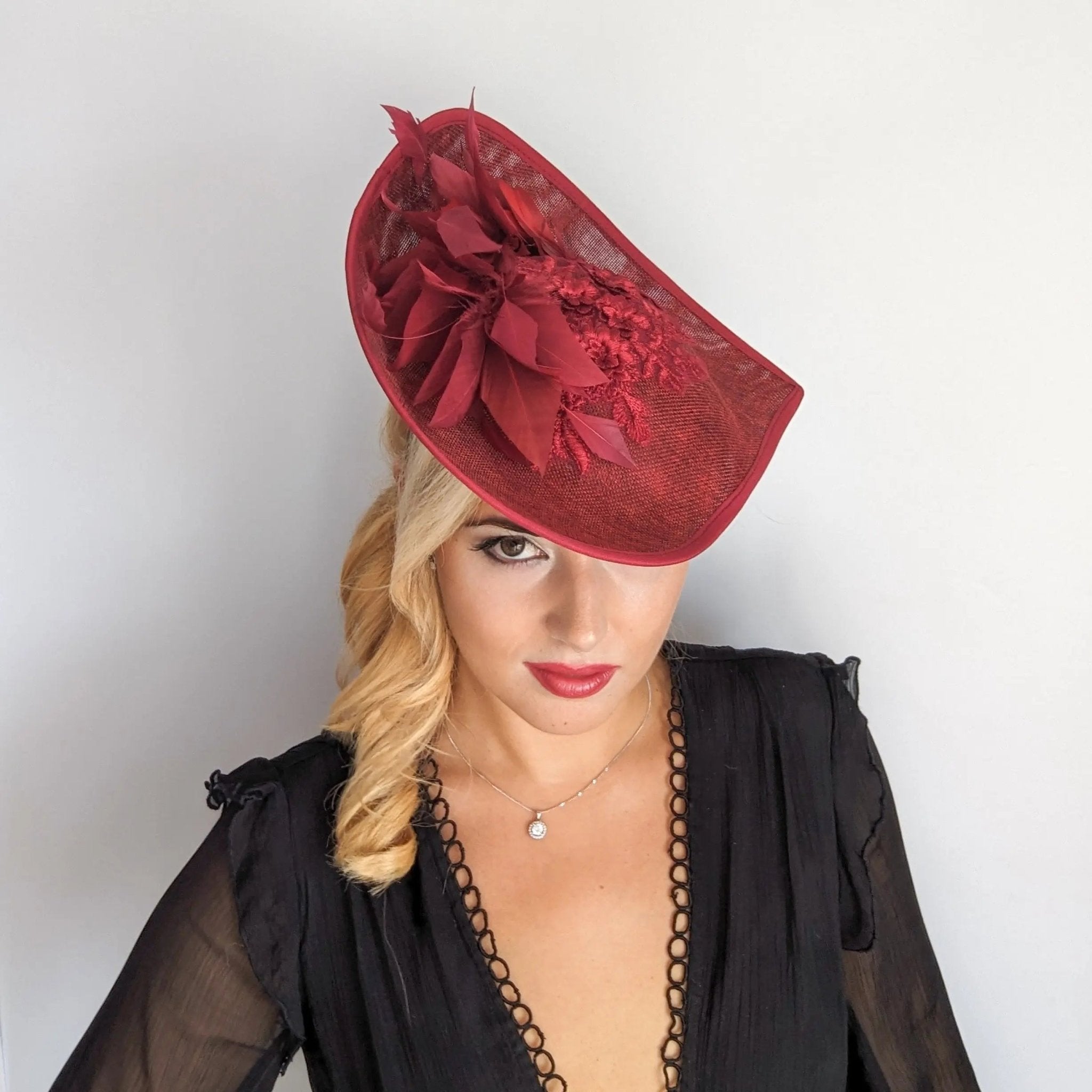 Burgundy large teardrop feather fascinator hat - House of Hats