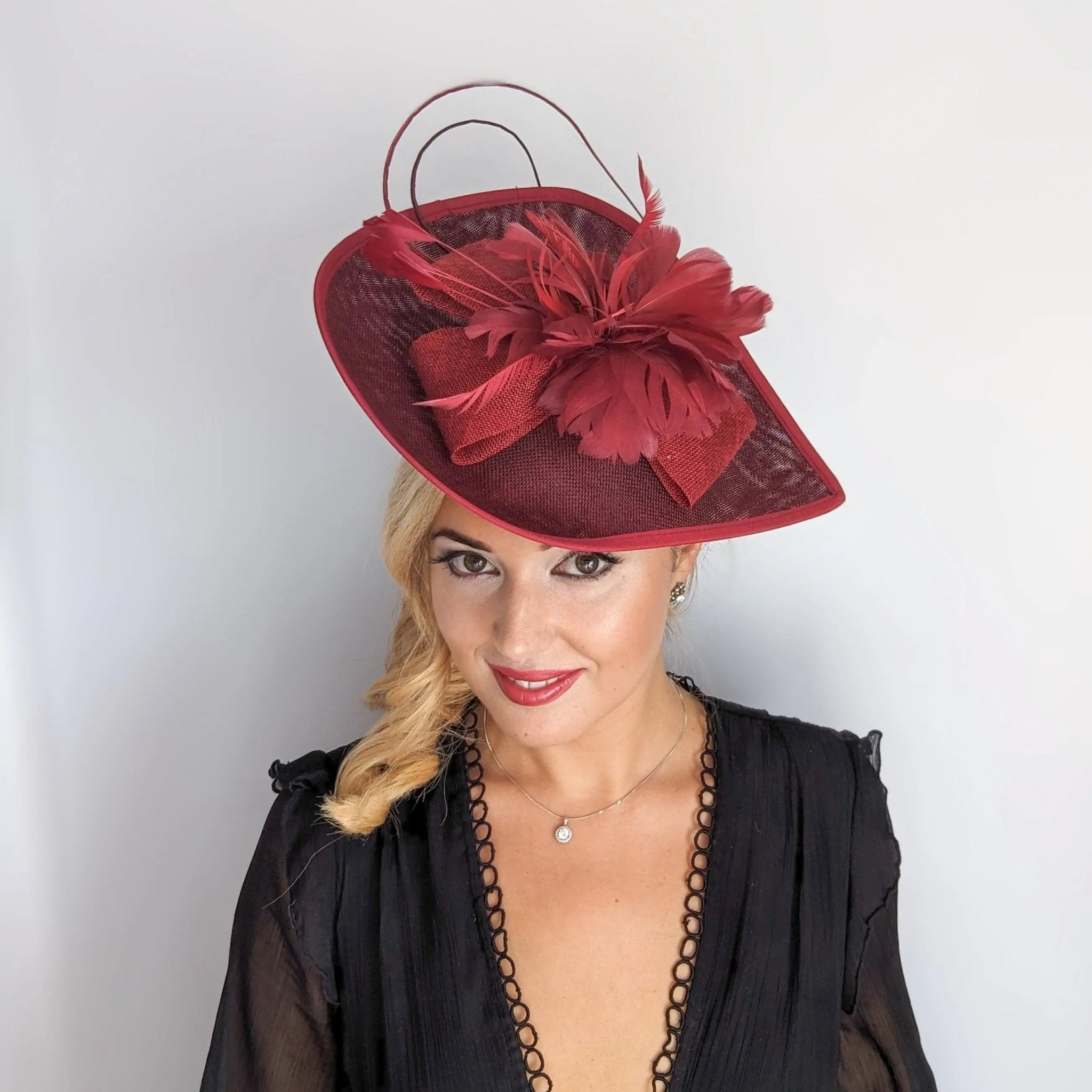 Burgundy large teardrop feather fascinator hat - House of Hats