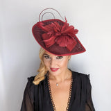 Burgundy large teardrop feather fascinator hat - House of Hats