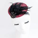 Burgundy red black crystal feather small satin fascinator hat - House of Hats