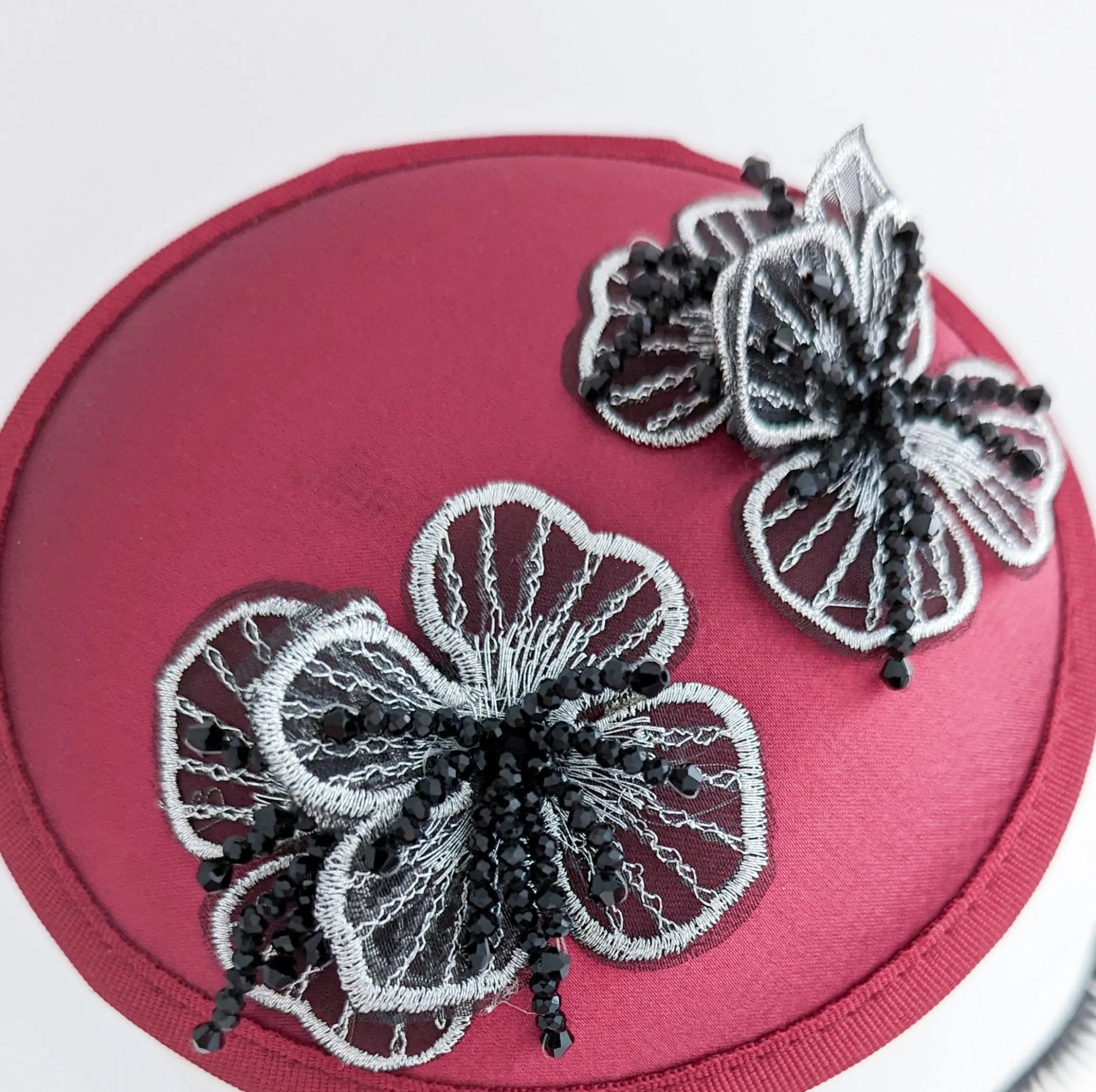 Burgundy red black crystal satin small fascinator wedding hats uk - House of Hats