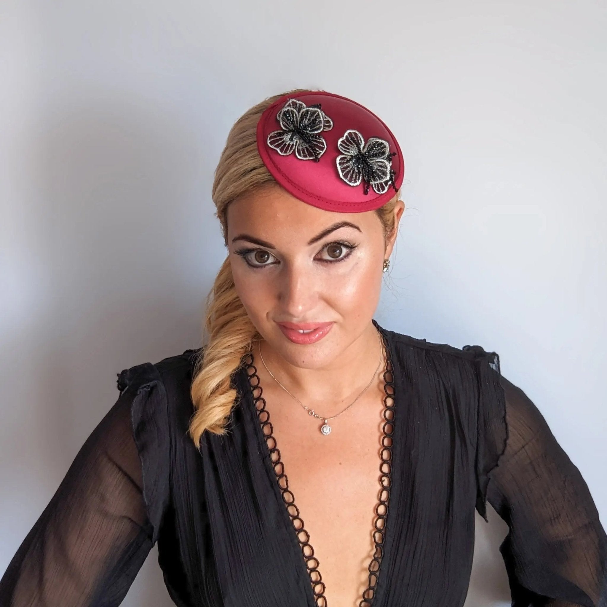 Burgundy red black crystal satin small fascinator wedding hats uk - House of Hats