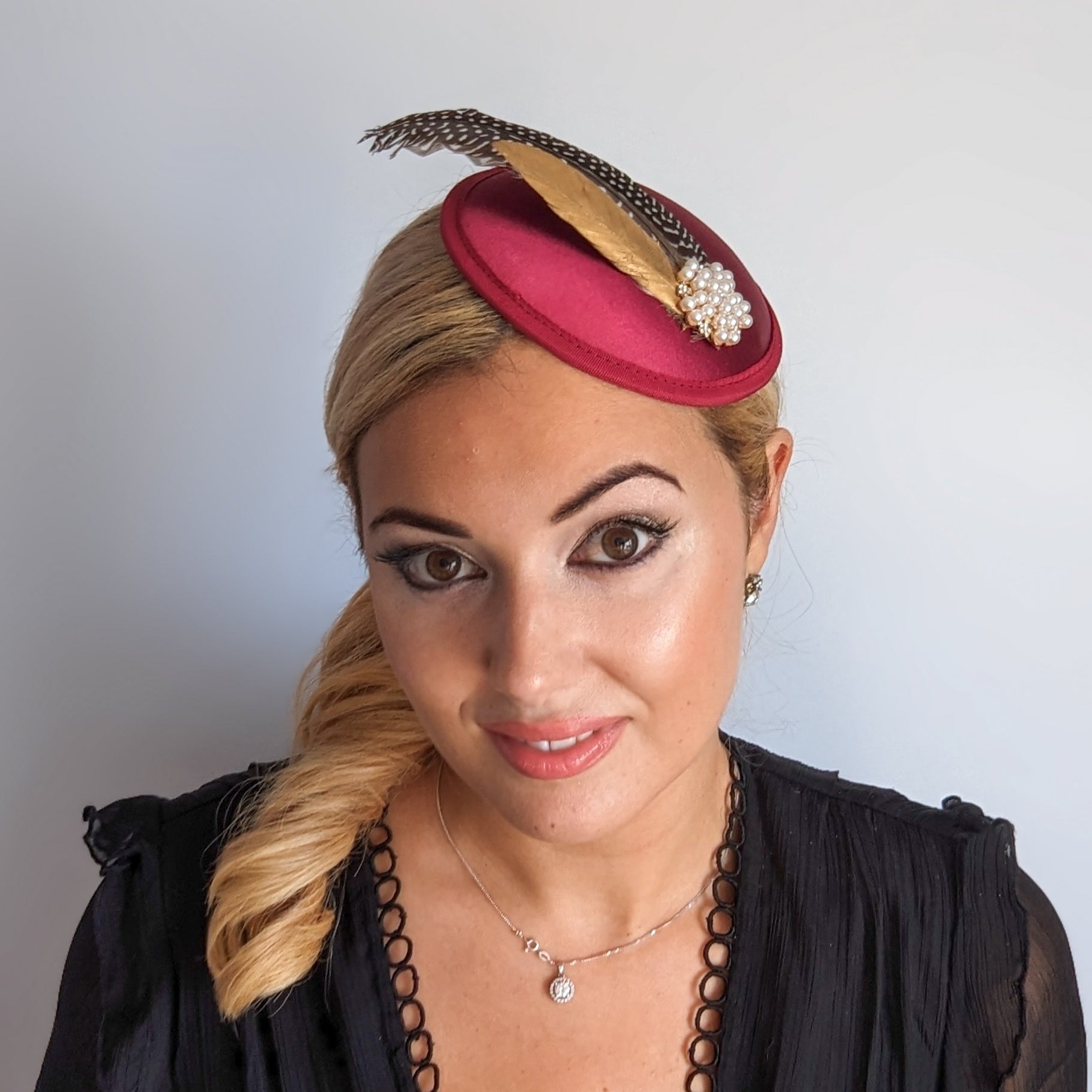 Burgundy red pheasant feather small satin fascinator wedding hats uk - House of Hats