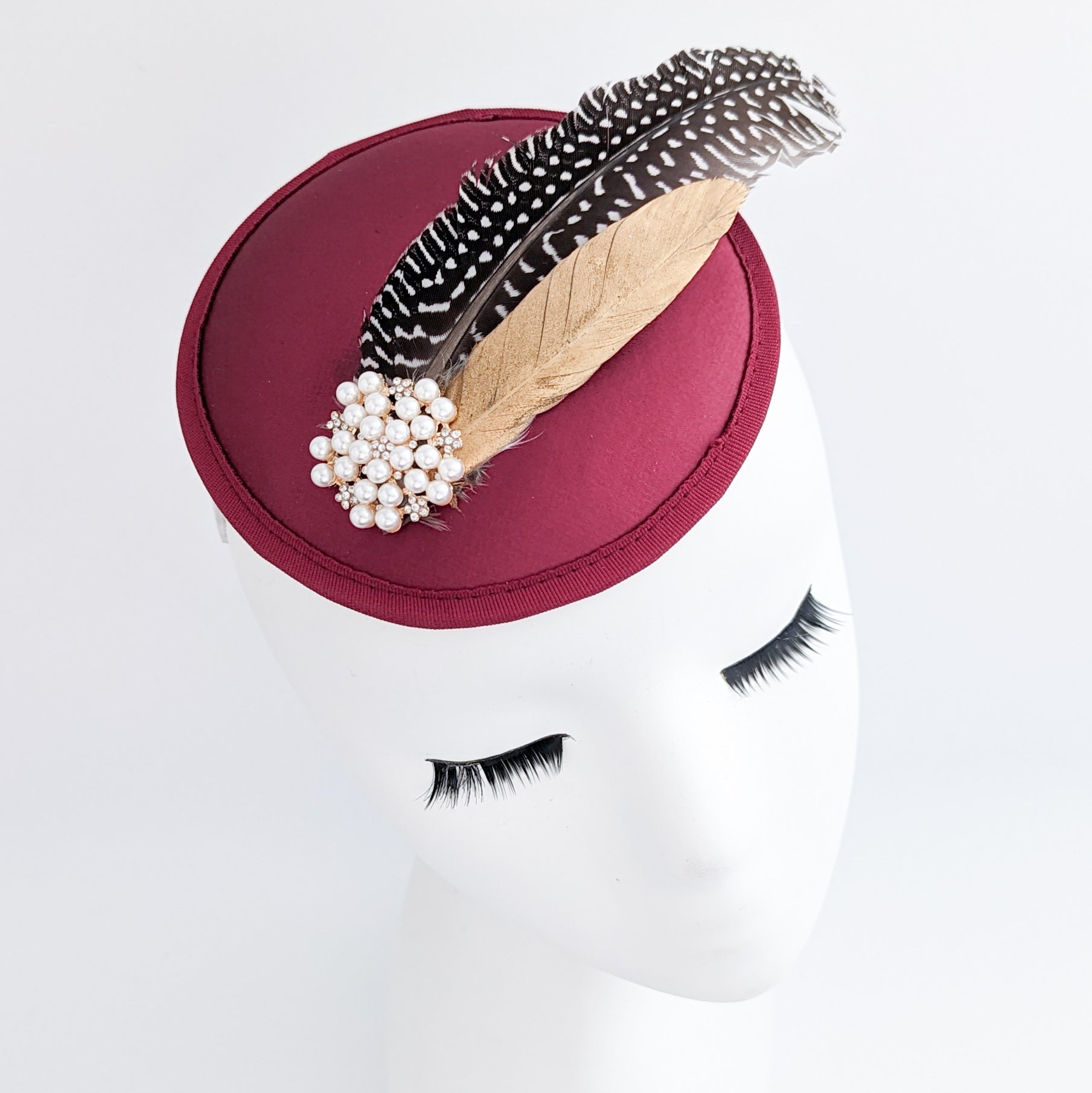 Burgundy red pheasant feather small satin fascinator wedding hats uk - House of Hats