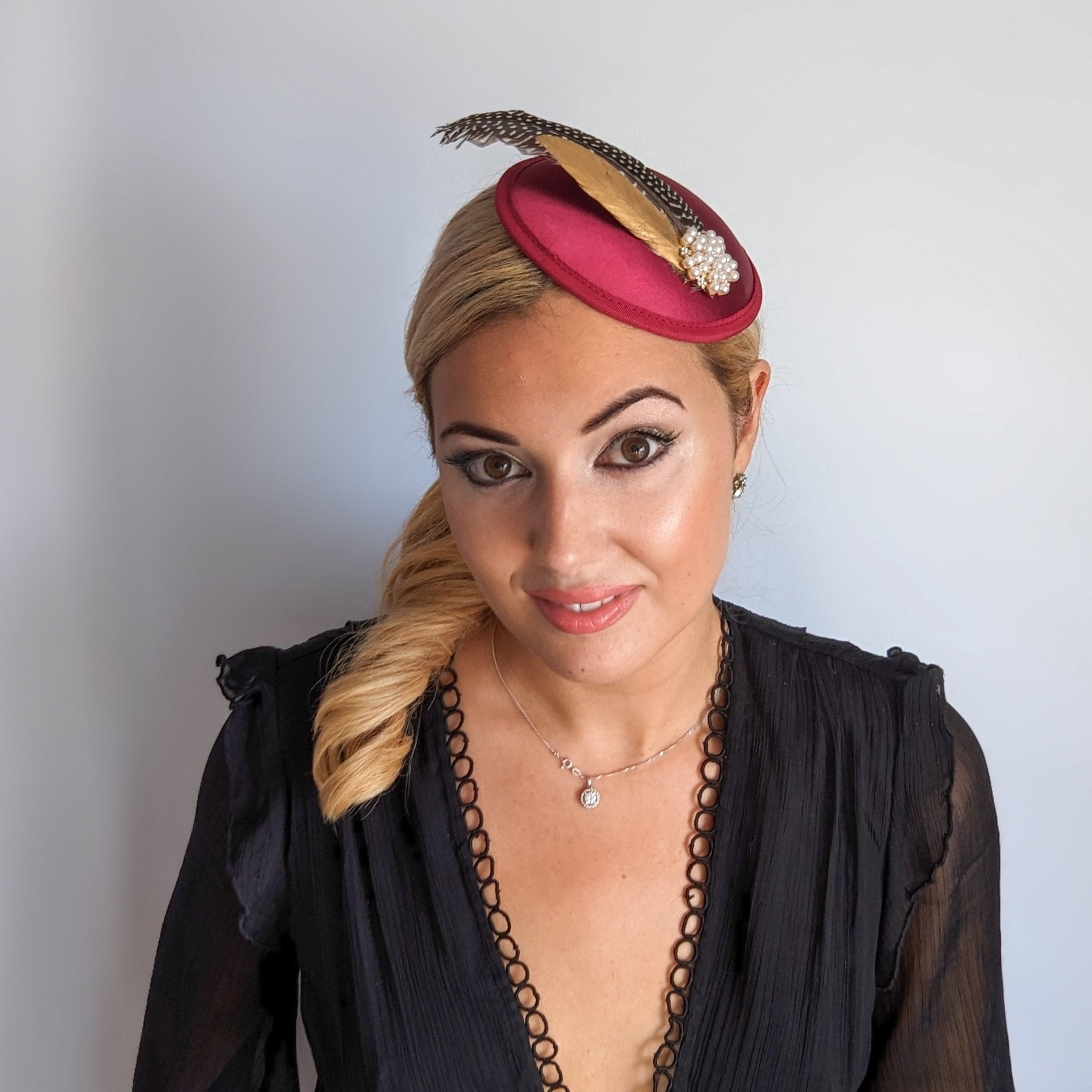 Burgundy red pheasant feather small satin fascinator wedding hats uk - House of Hats