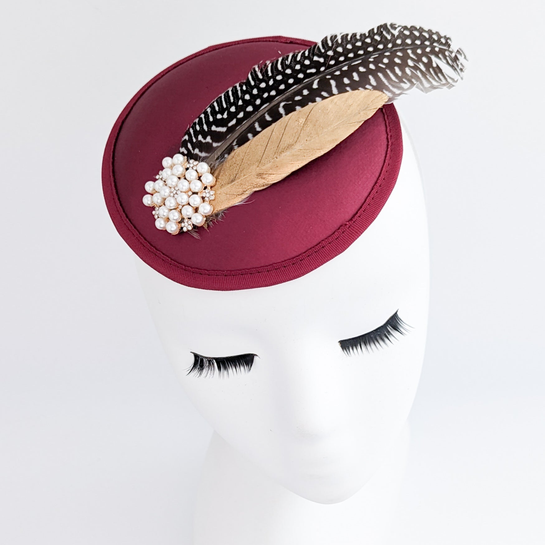 Burgundy red pheasant feather small satin fascinator wedding hats uk - House of Hats