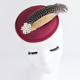 Burgundy red pheasant feather small satin fascinator wedding hats uk - House of Hats