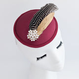 Burgundy red pheasant feather small satin fascinator wedding hats uk - House of Hats