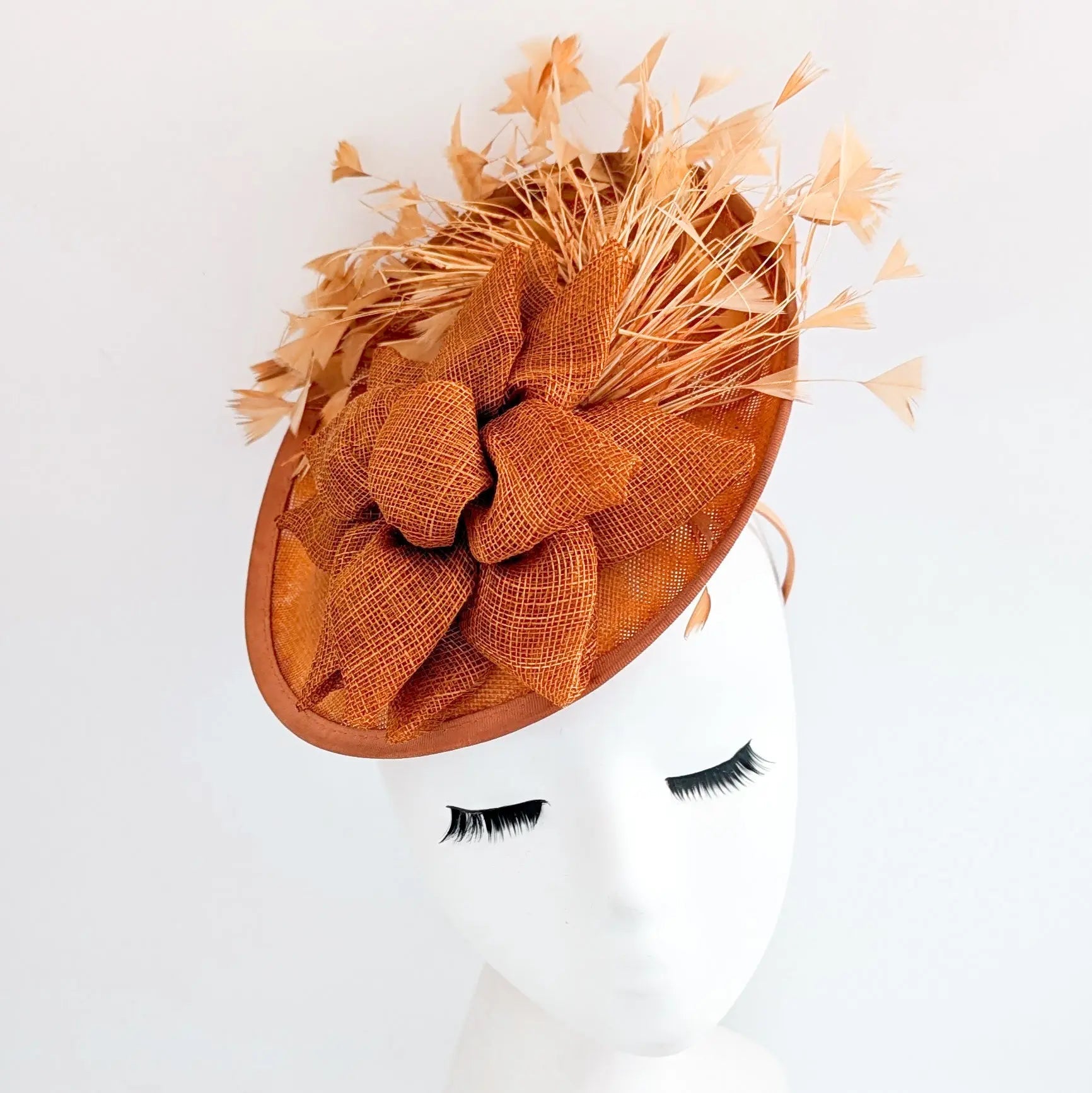 Burnt orange feather disc fascinator hat - House of Hats