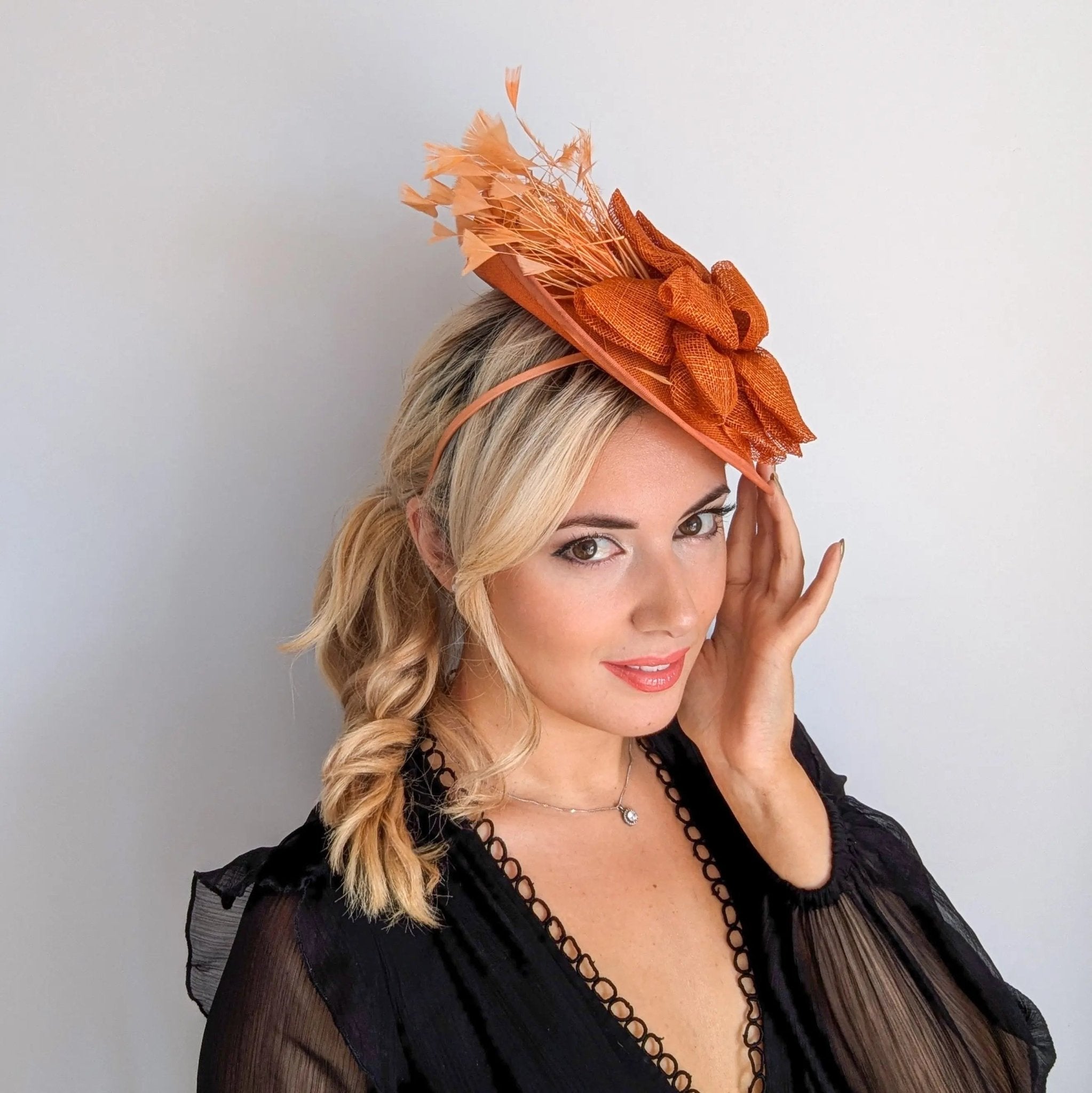 Burnt orange feather disc fascinator hat - House of Hats