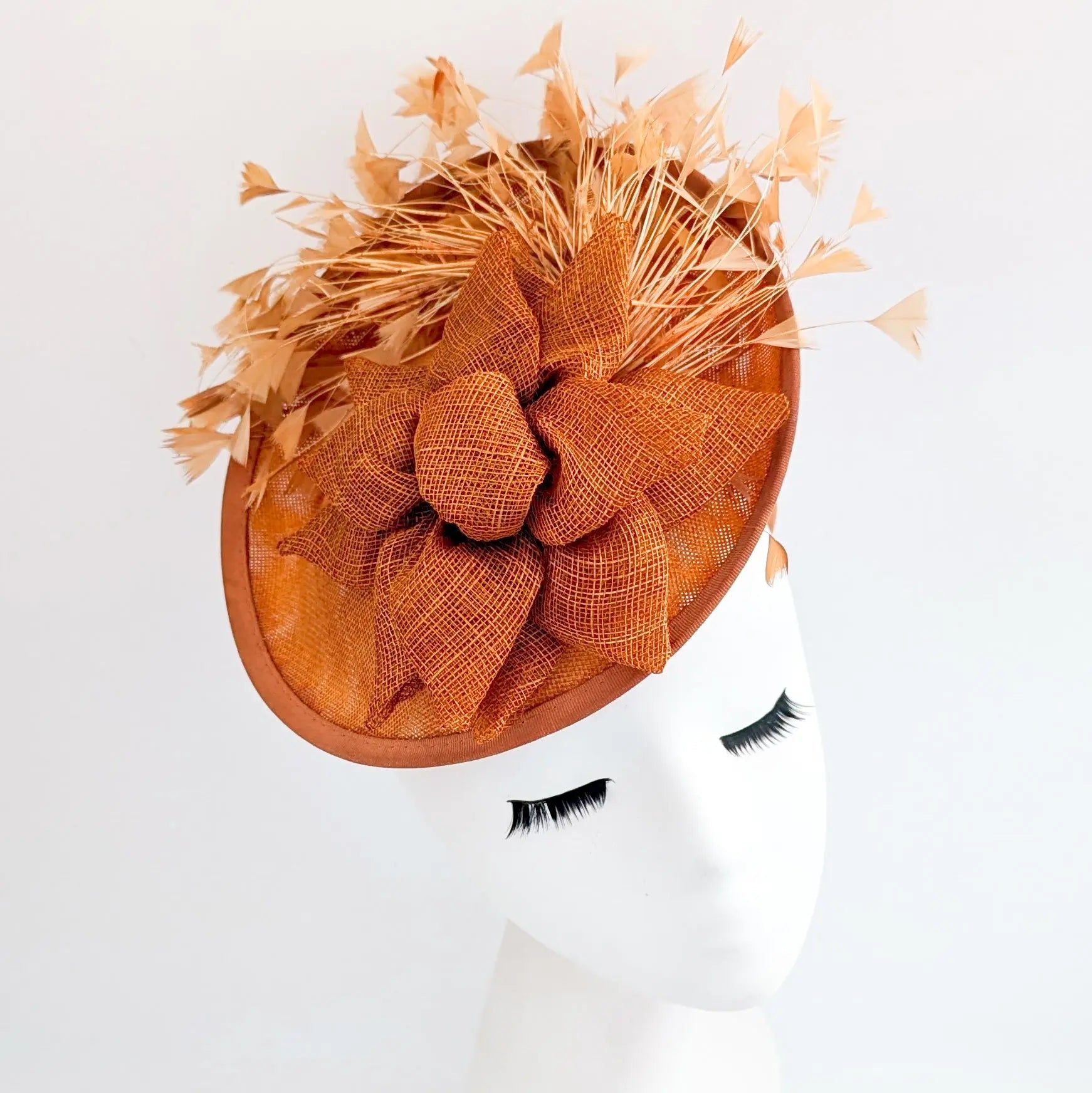 Burnt orange feather disc fascinator hat - House of Hats