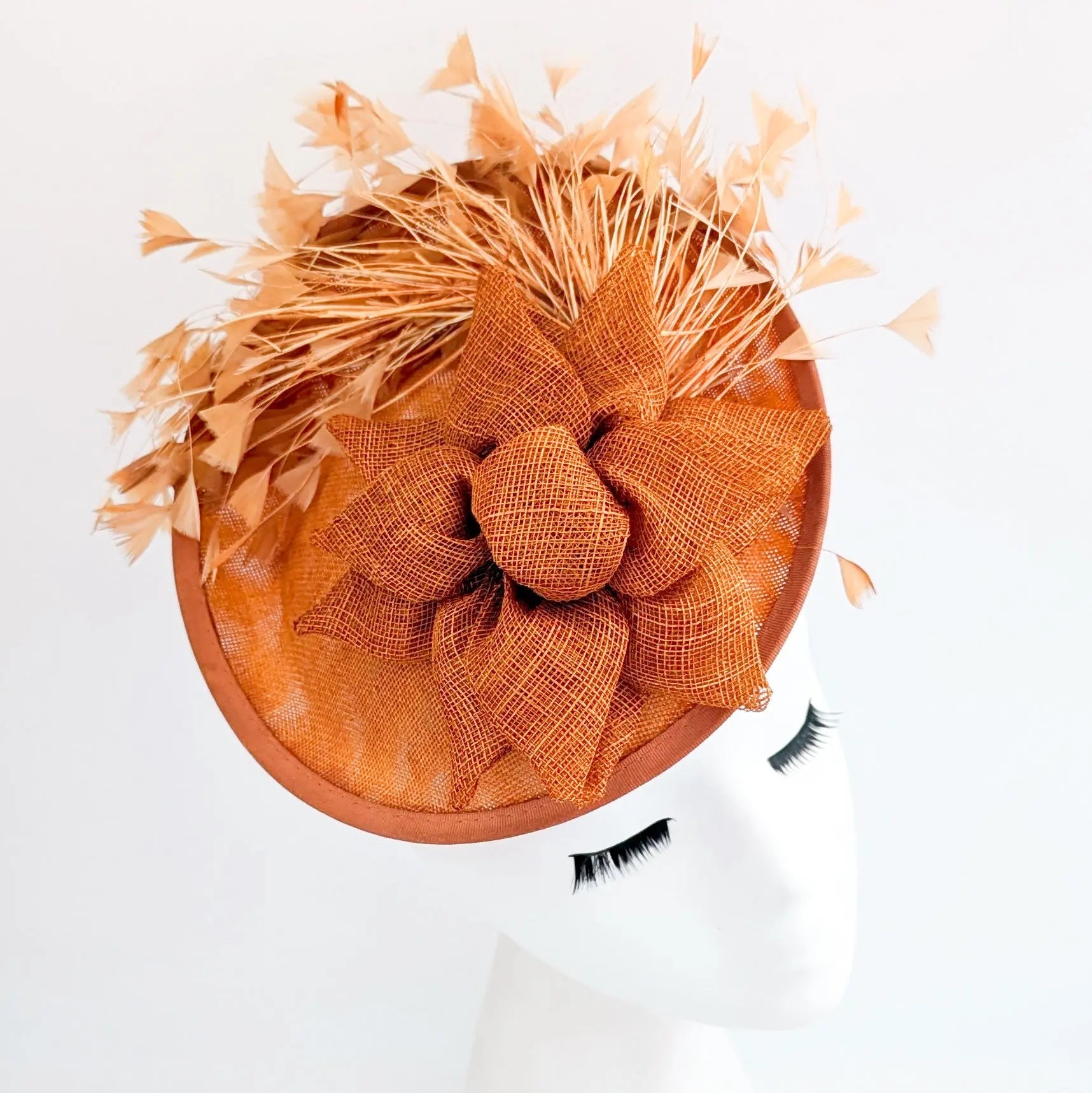 Burnt orange feather disc fascinator hat - House of Hats