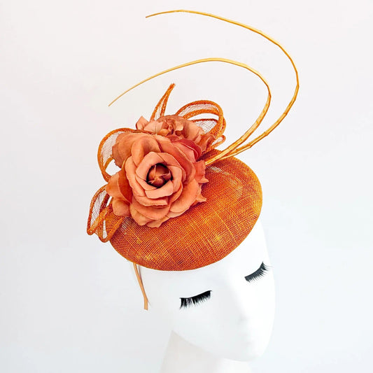 Burnt orange flower fascinator hat - House of Hats