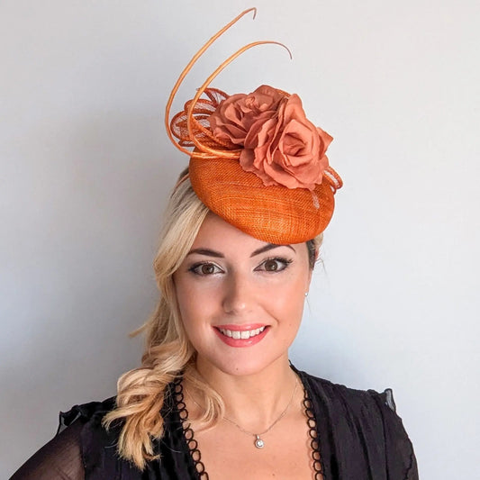 Burnt orange flower fascinator hat - House of Hats