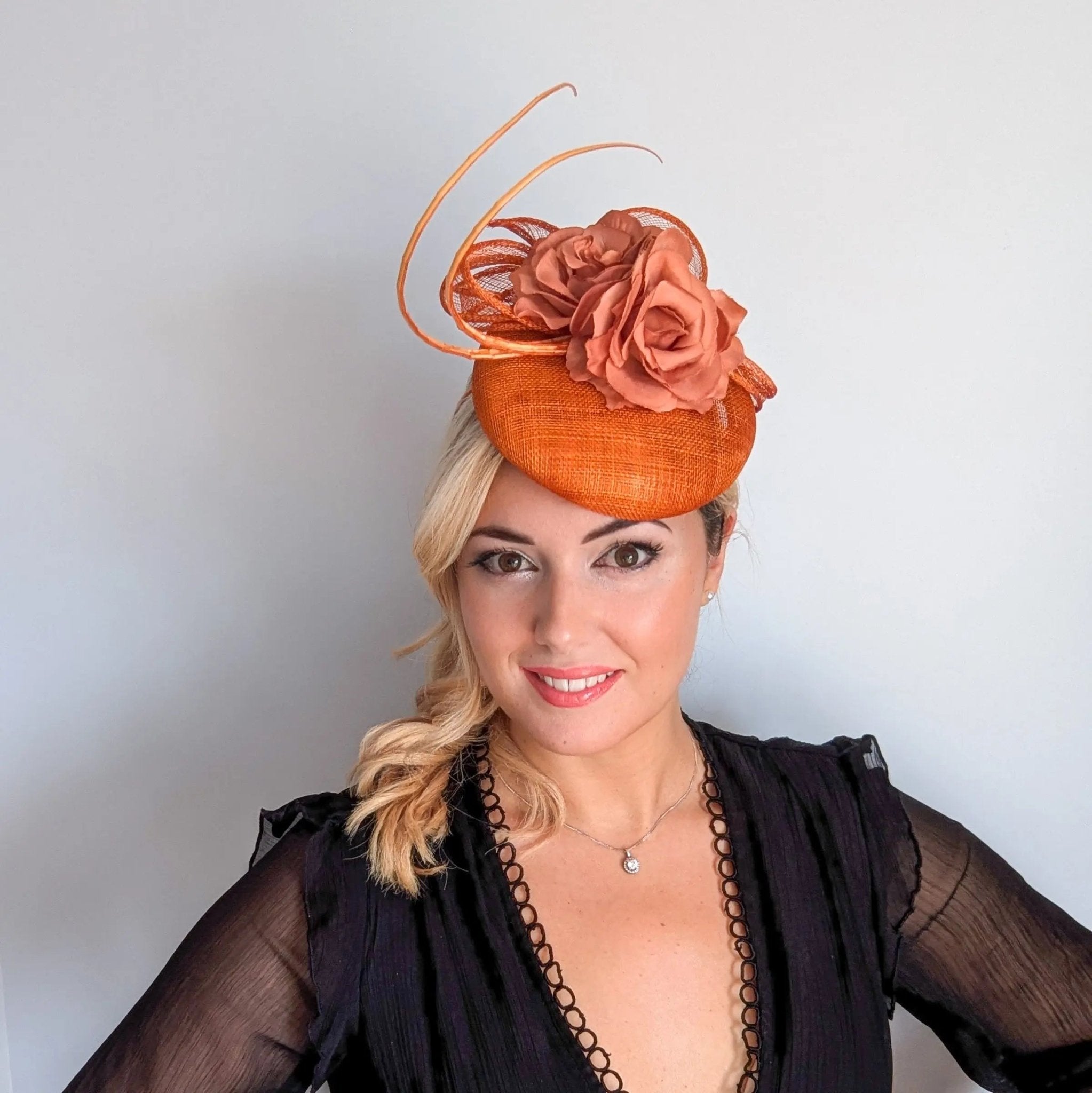 Burnt orange flower fascinator hat - House of Hats